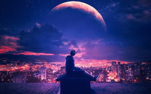 Photography Manipulation Planet Sky City Purple Night Light HD Wallpaper | Background Image
