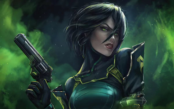 A fierce woman warrior with black short hair and striking green eyes holds a gun, embodying Viper from Valorant. The vibrant green background enhances the intense atmosphere.