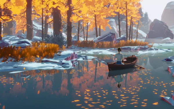 A serene winter anime scene showcasing a person rowing a boat on a tranquil lake amidst a beautiful, snowy forest. Vibrant autumn-colored foliage adds a striking contrast. HD desktop wallpaper and background.