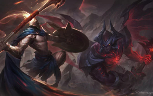 HD desktop wallpaper featuring Pantheon and Aatrox from League of Legends in an intense battle scene, showcasing dynamic lighting and detailed character designs.