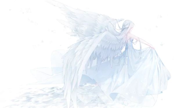4K Ultra HD anime angel with large white wings and flowing robes in a soft, ethereal setting, designed as a PC desktop wallpaper and background.
