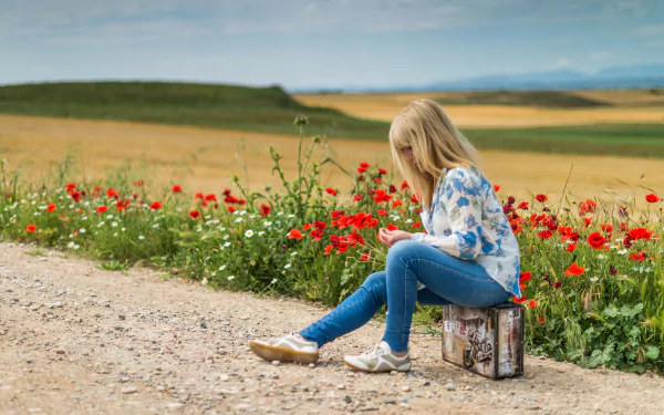 suitcase blonde jeans poppy flower field woman mood HD Desktop Wallpaper | Background Image