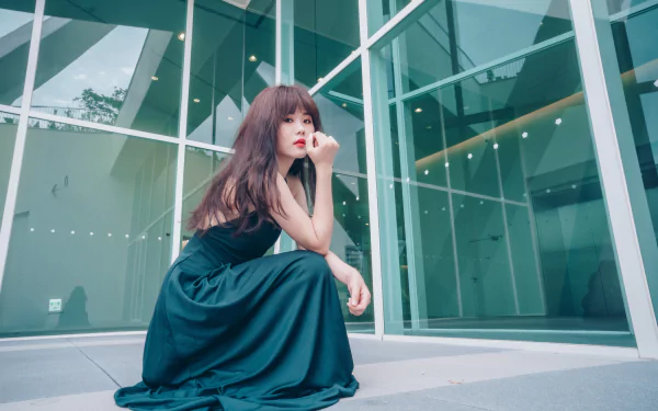 lipstick brunette long hair green dress model woman asian HD Desktop Wallpaper | Background Image