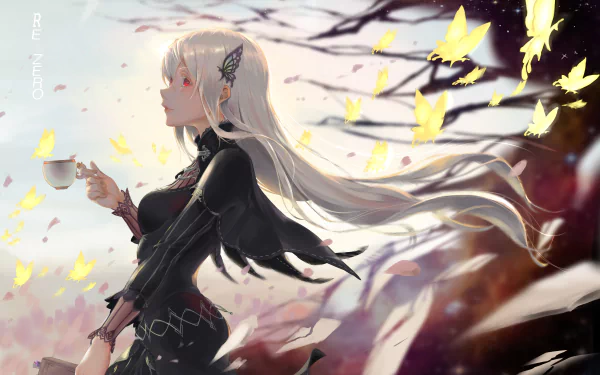 An HD desktop wallpaper featuring Echidna from the anime Re:Zero - Starting Life in Another World. She has white hair and is surrounded by butterflies, holding a teacup against a serene, natural backdrop.