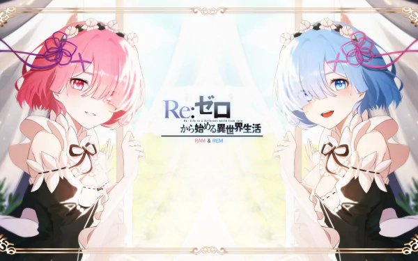 4K Ultra HD desktop wallpaper featuring Ram and Rem from the anime Re:Zero - Starting Life in Another World in vibrant detailed artwork.