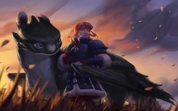 Astrid and Toothless from How to Train Your Dragon stand together at sunset, captured in a detailed 4K Ultra HD movie wallpaper background.