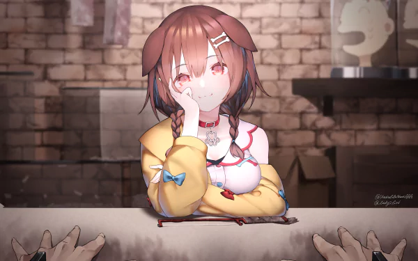 HD desktop wallpaper featuring Inugami Korone, a Virtual Youtuber from Hololive, with brown hair in a braid, leaning on a counter with a brick wall background.