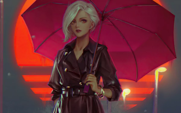 4K Ultra HD PC desktop wallpaper and background: artistic white‑haired woman in a dark coat holding a magenta umbrella against neon red geometric city lights.