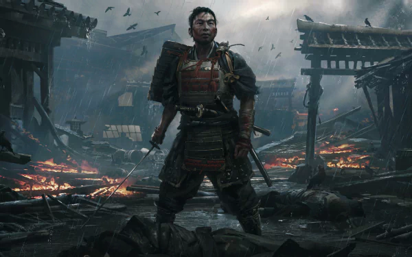 Jin Sakai stands amid a burning village in this HD PC desktop wallpaper from the video game Ghost of Tsushima, capturing the game's intense and atmospheric setting.
