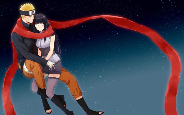 HD anime desktop wallpaper featuring Naruto Uzumaki and Hinata Hyuga from The Last: Naruto the Movie, sharing a tender moment under a starry night sky.