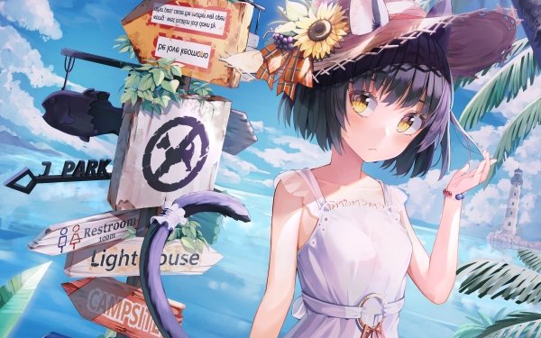 Anime Original Sign Sea Hat Sunflower Animal Ears Yellow Eyes Black Hair HD Wallpaper | Background Image