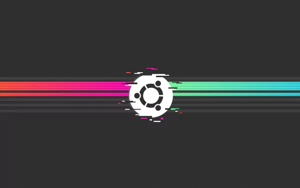4K Ultra HD PC desktop wallpaper: white Ubuntu logo with glitch accents centered over neon magenta-to-cyan horizontal streaks on a dark gray technology-themed background.
