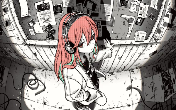 Anime character with red hair wearing headphones, standing in a room with scattered papers and photographs on the walls. HD original desktop wallpaper and background.