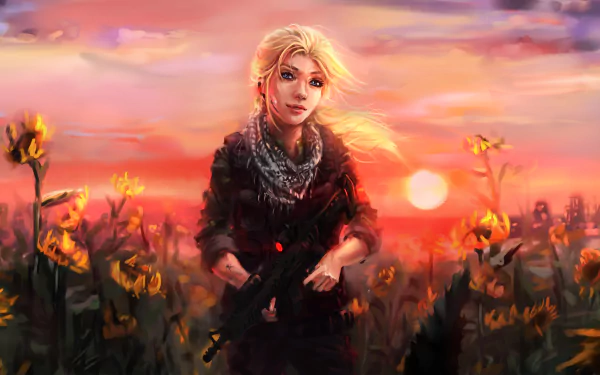 military sunflower flower sunset assault rifle gun Sci Fi woman warrior HD Desktop Wallpaper | Background Image