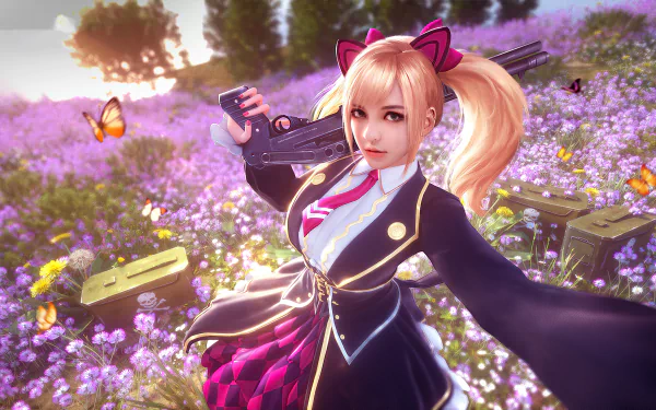 4K Ultra HD Garena Free Fire PC desktop wallpaper featuring a female character in a school uniform with cat ear accessories, set in a vibrant flower field.