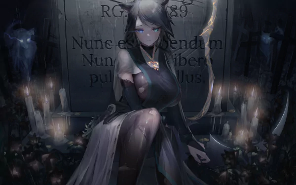A dark, atmospheric anime scene featuring a character with animal ears, surrounded by candles and flowers, set against a mysterious backdrop. 4K Ultra HD wallpaper.