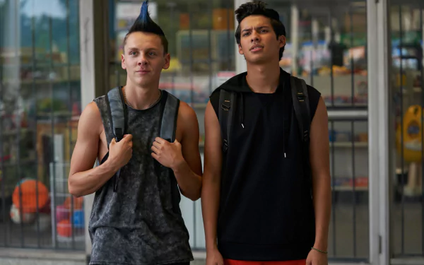 HD PC desktop wallpaper: Eli (Cobra Kai) with a blue mohawk and a friend in casual streetwear standing outside a storefront, scene from the TV show Cobra Kai.