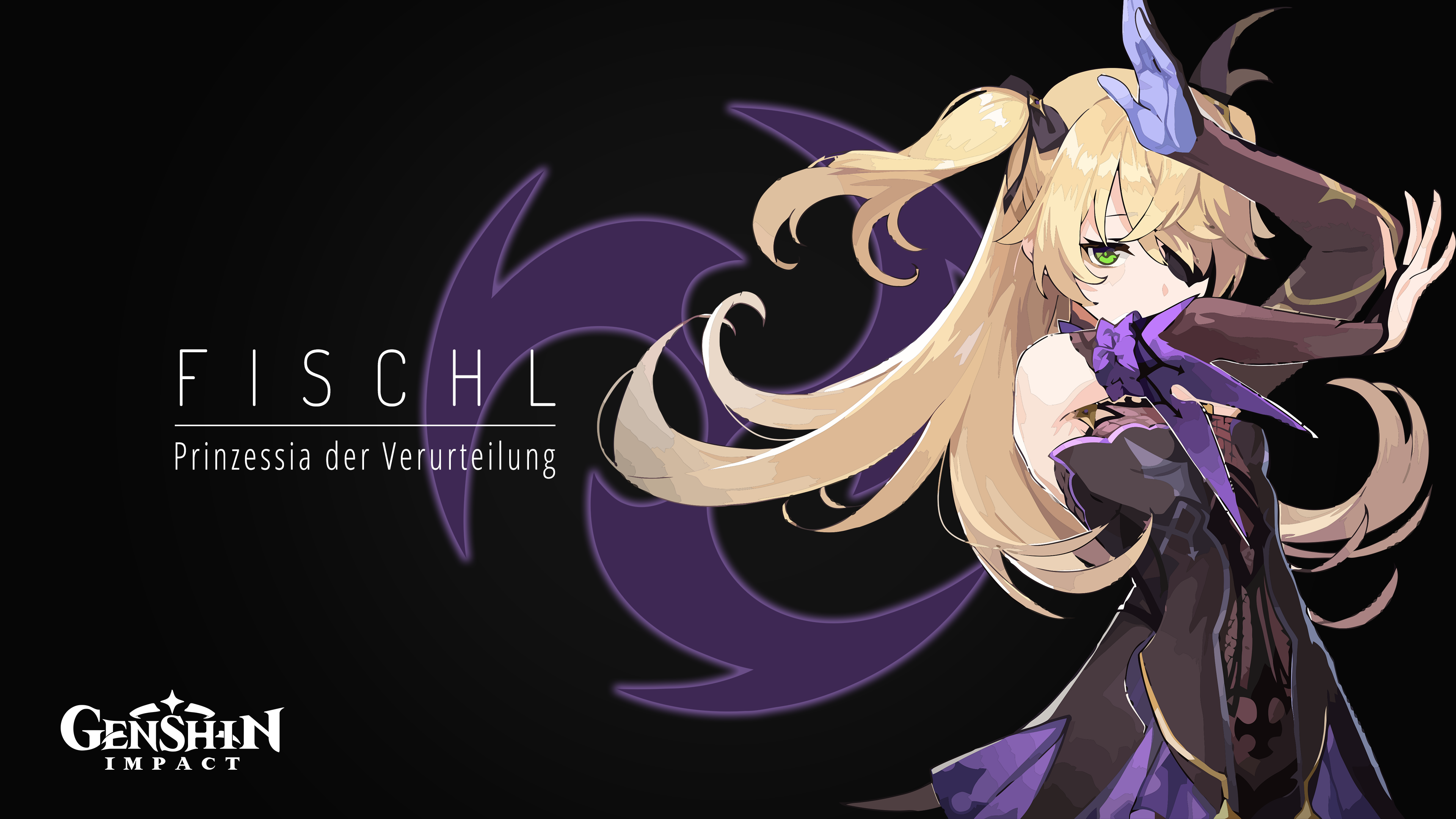 HD desktop wallpaper of Fischl from Genshin Impact, featuring the blonde character in a dynamic pose with an eye patch, set against a purple backdrop.