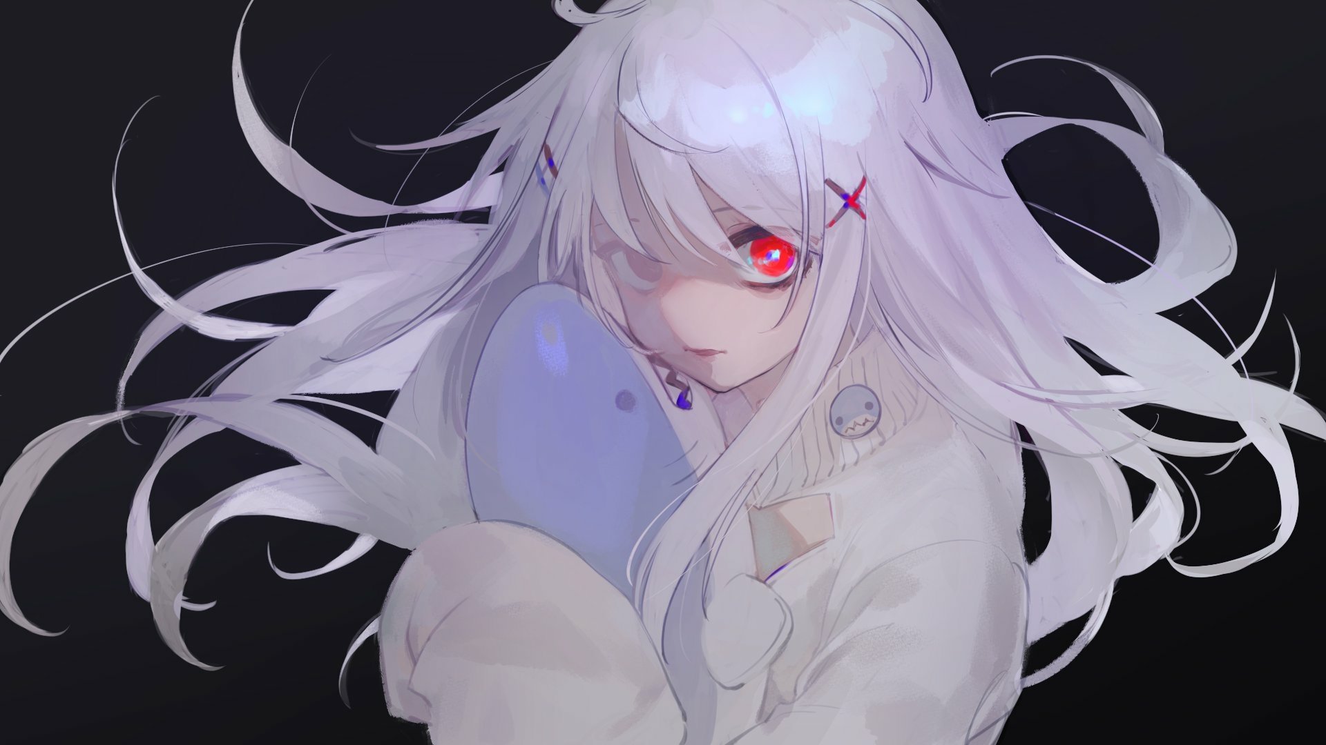 Original anime HD PC desktop wallpaper: pale white-haired girl with a glowing red eye and pink hairpin, clutching a translucent blue orb against a dark backdrop.