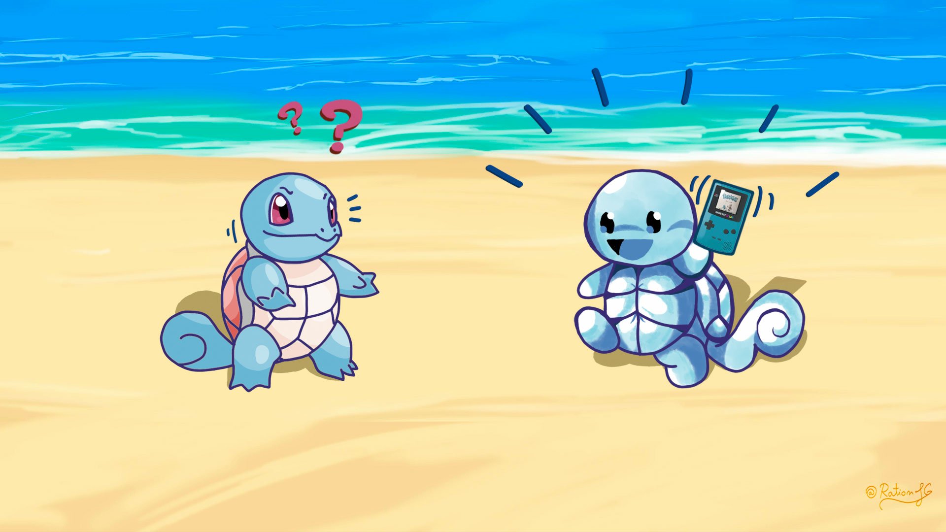 HD PC desktop wallpaper: two Squirtle (Pokémon) on a sunny beach — one puzzled, the other gleefully holding a handheld video game; bright, cartoon-style Pokémon background.