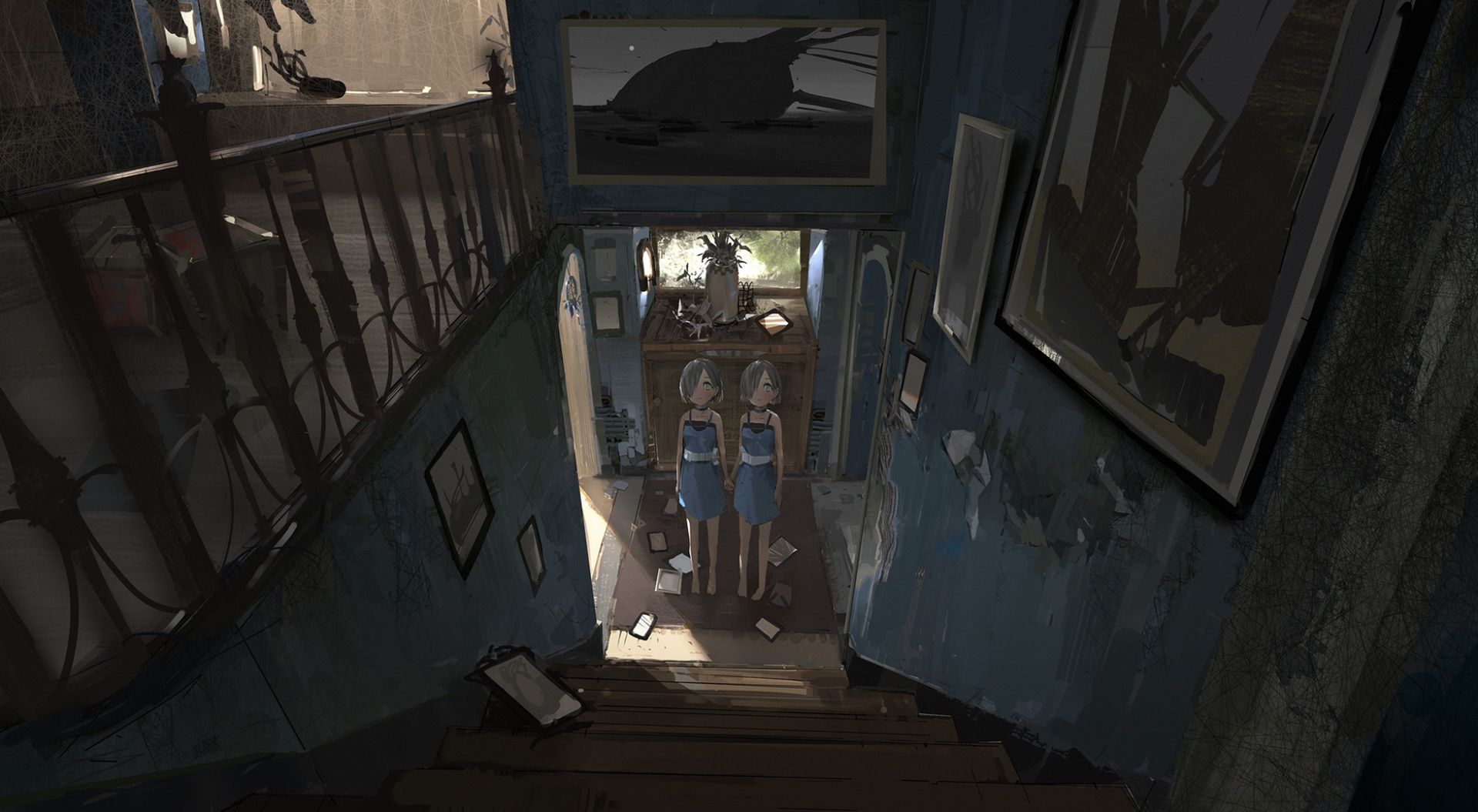 HD anime desktop wallpaper featuring original artwork of twin girls standing at the bottom of a dimly lit staircase in a detailed indoor setting.