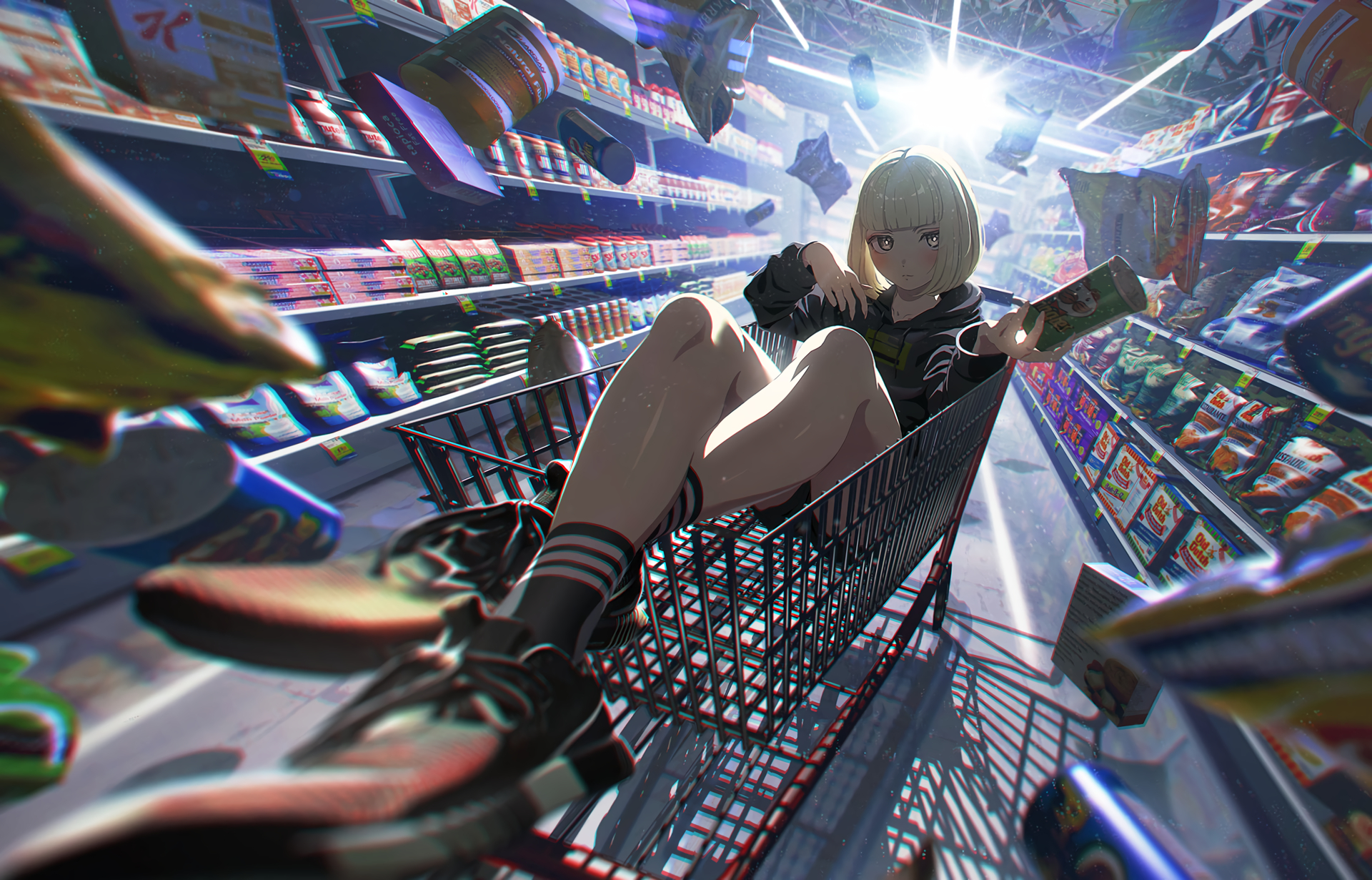 Anime-style original HD desktop wallpaper depicting a girl with short hair sitting inside a supermarket shopping cart surrounded by vibrant shelves and dynamic lighting.