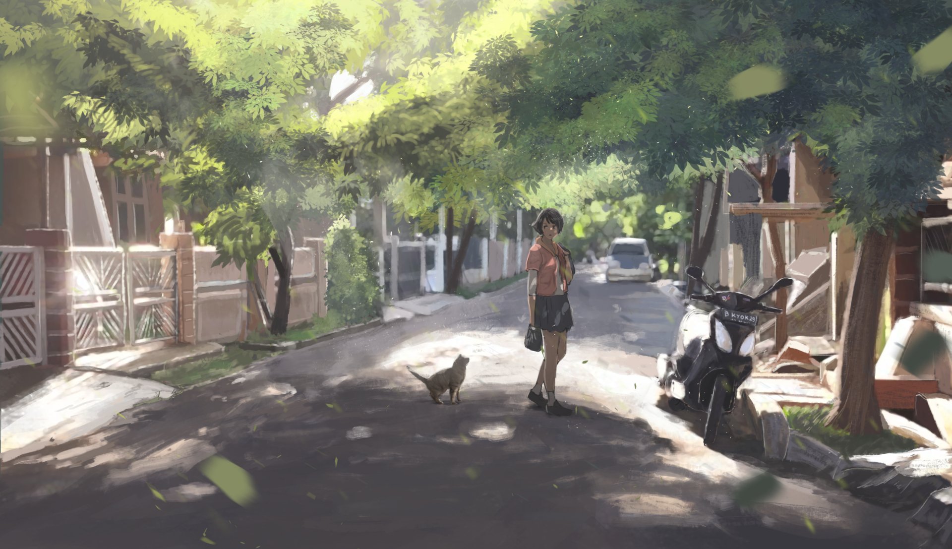 An anime-style HD desktop wallpaper featuring a serene neighborhood street lined with trees, a person standing with a cat, and a motorcycle in the background.