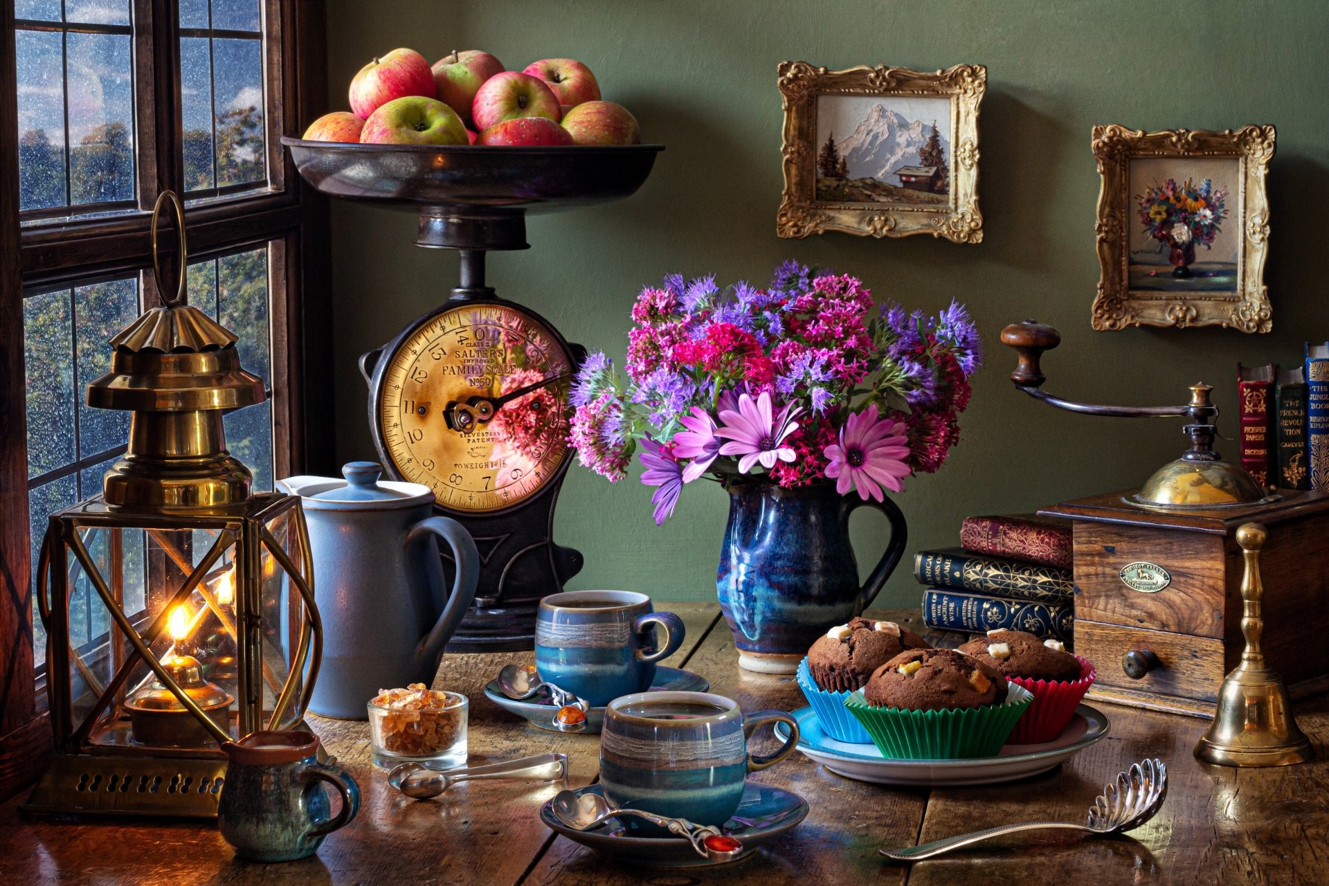 Download Grinder Scale Coffee Apple Flower Lantern Photography Still Life 4k Ultra HD Wallpaper