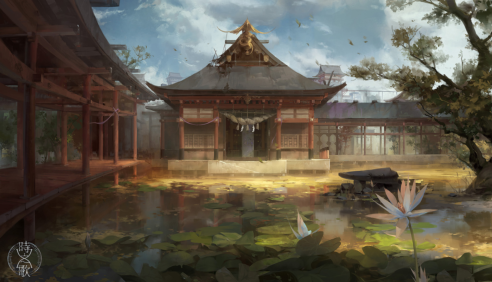 Fantasy-inspired oriental temple surrounded by water lilies under a cloudy sky, rendered in detailed HD for a PC desktop wallpaper.