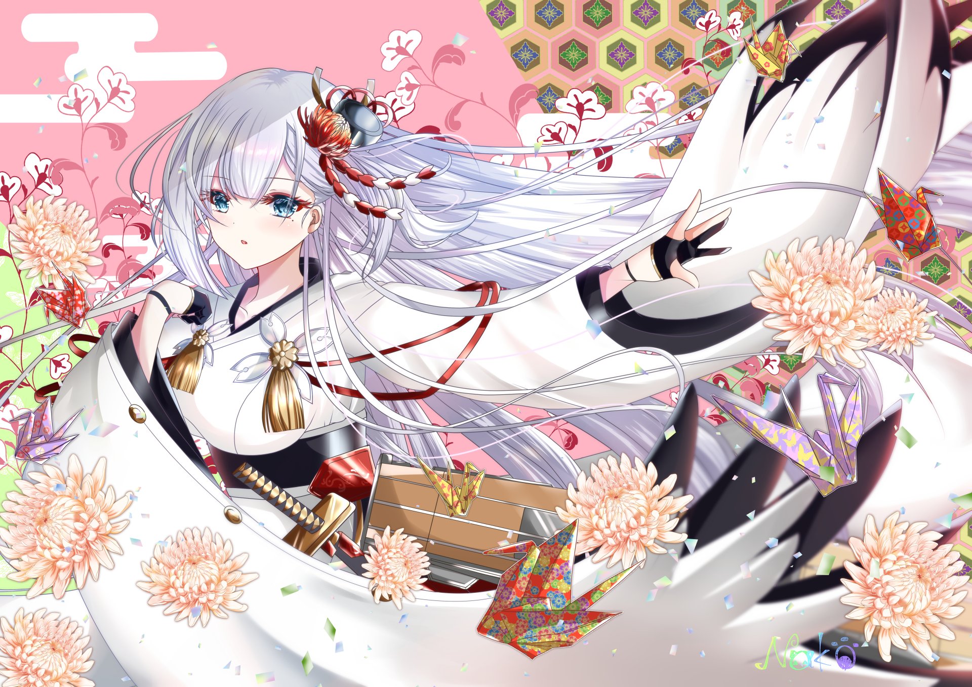 Anime-style Shoukaku from Azur Lane in detailed traditional attire, set against a pink floral background; 4K Ultra HD PC desktop wallpaper.