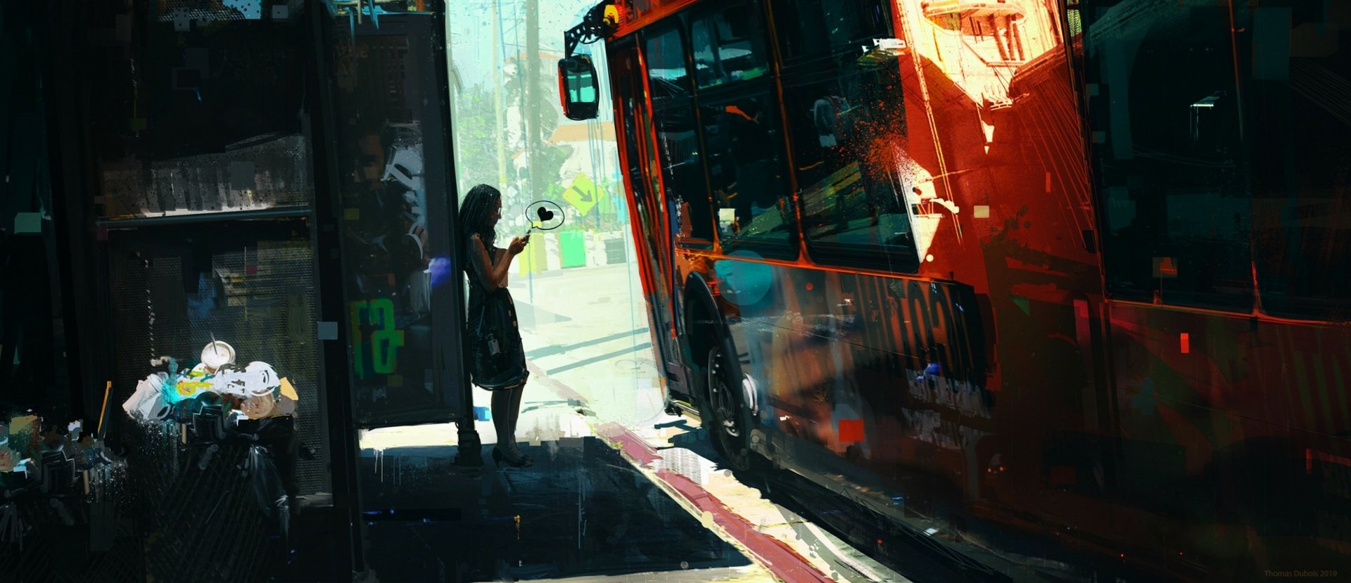 HD anime-style desktop wallpaper depicting a woman waiting at a bus stop bathed in vibrant light and shadow contrasts.