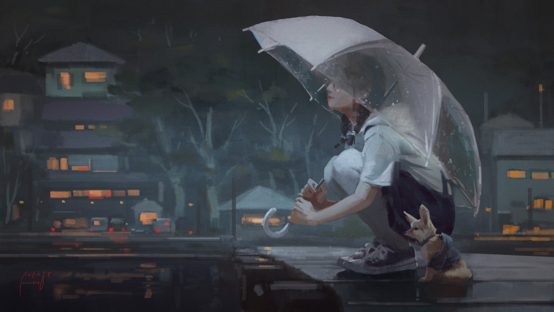 HD anime wallpaper featuring a girl with an umbrella alongside a dog, set against a tranquil nighttime scene with illuminated houses.