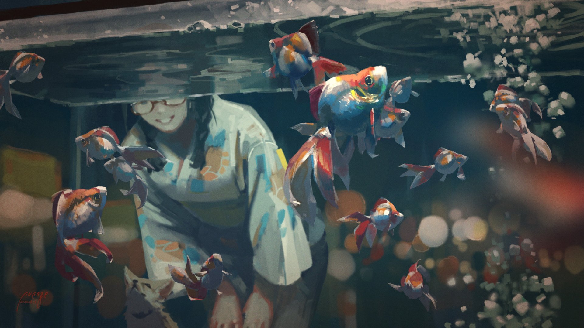 HD anime desktop wallpaper featuring a girl in traditional clothing observing colorful goldfish swimming underwater with a softly lit, serene background.