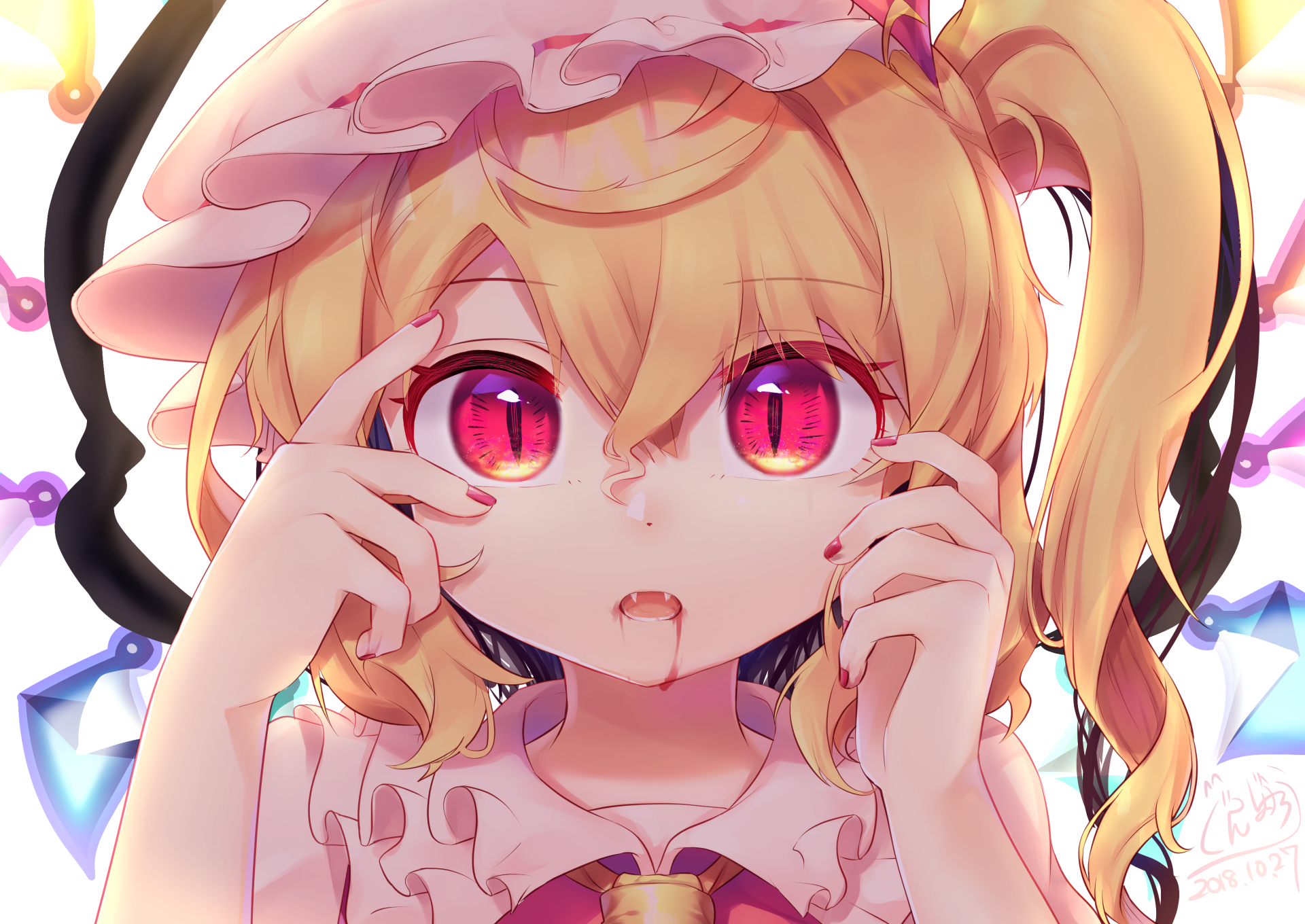 Anime-style HD desktop wallpaper featuring Flandre Scarlet with blonde hair and striking red eyes from Touhou, showcasing vivid colors and detailed character art.