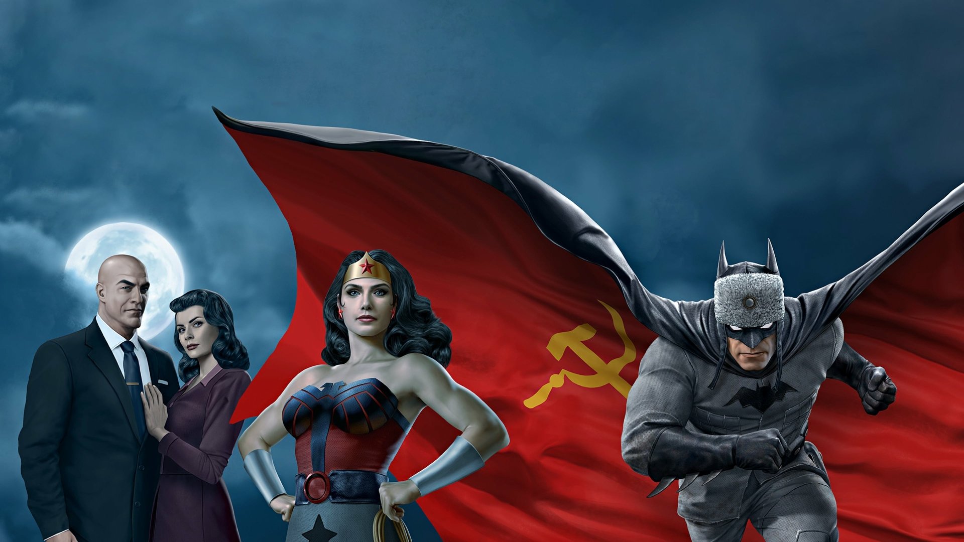 4K Ultra HD wallpaper featuring Batman, Lex Luthor, Lois Lane, and Wonder Woman with a Soviet flag backdrop from the Superman: Red Son movie.