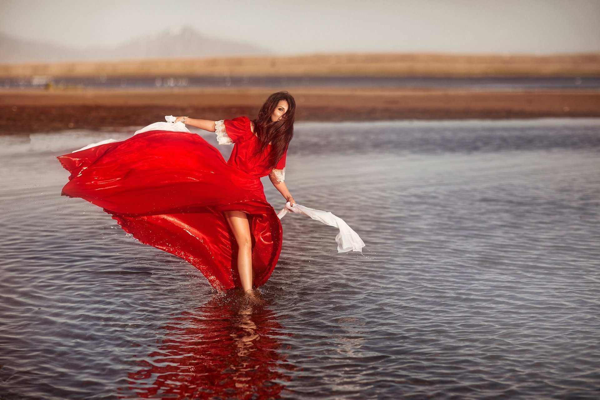 Download Red Dress Water Woman Mood HD Wallpaper