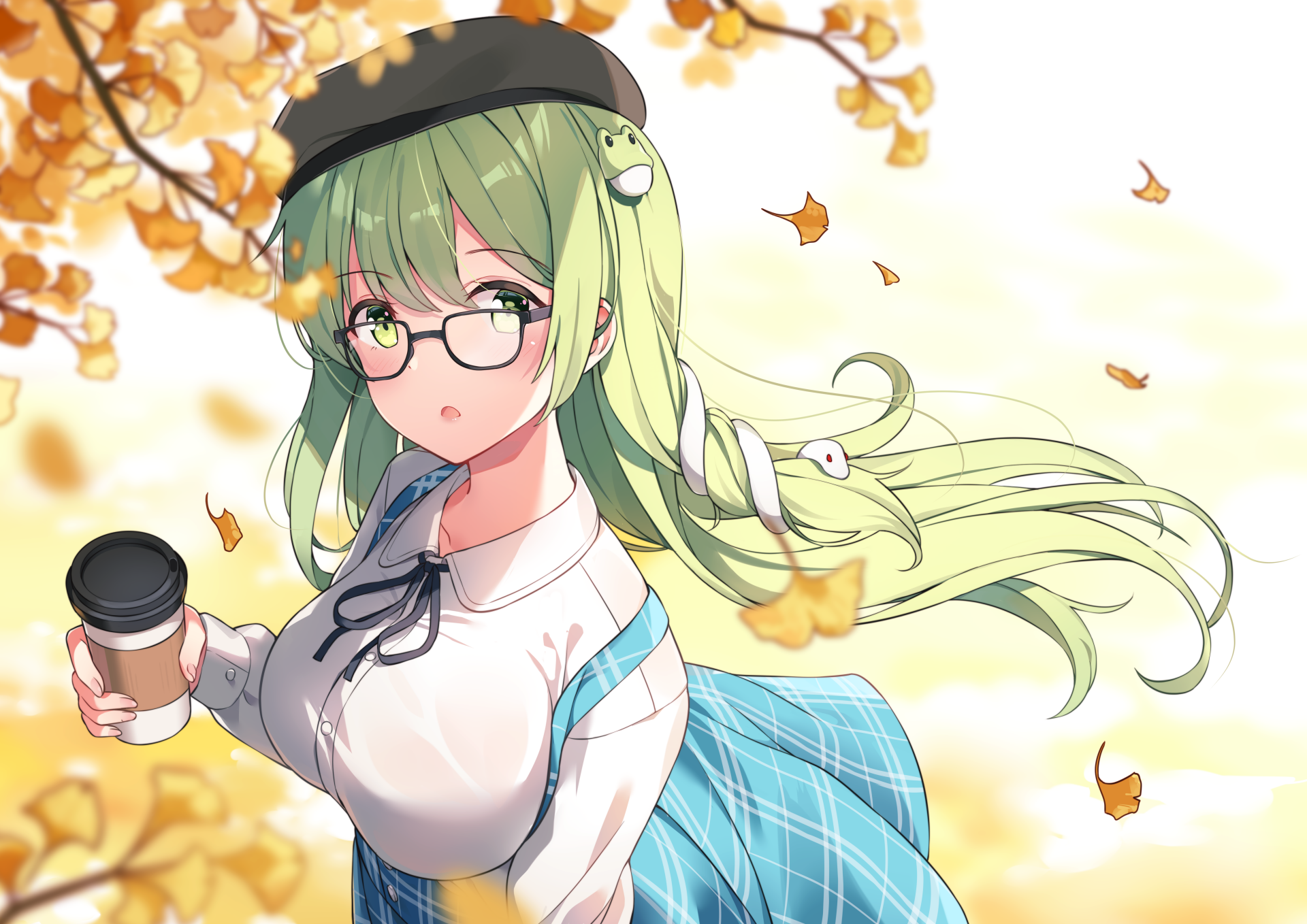 4K Ultra HD anime wallpaper of Sanae Kochiya from Touhou, featuring her green hair, green eyes, and glasses, holding a coffee cup with autumn leaves falling around.