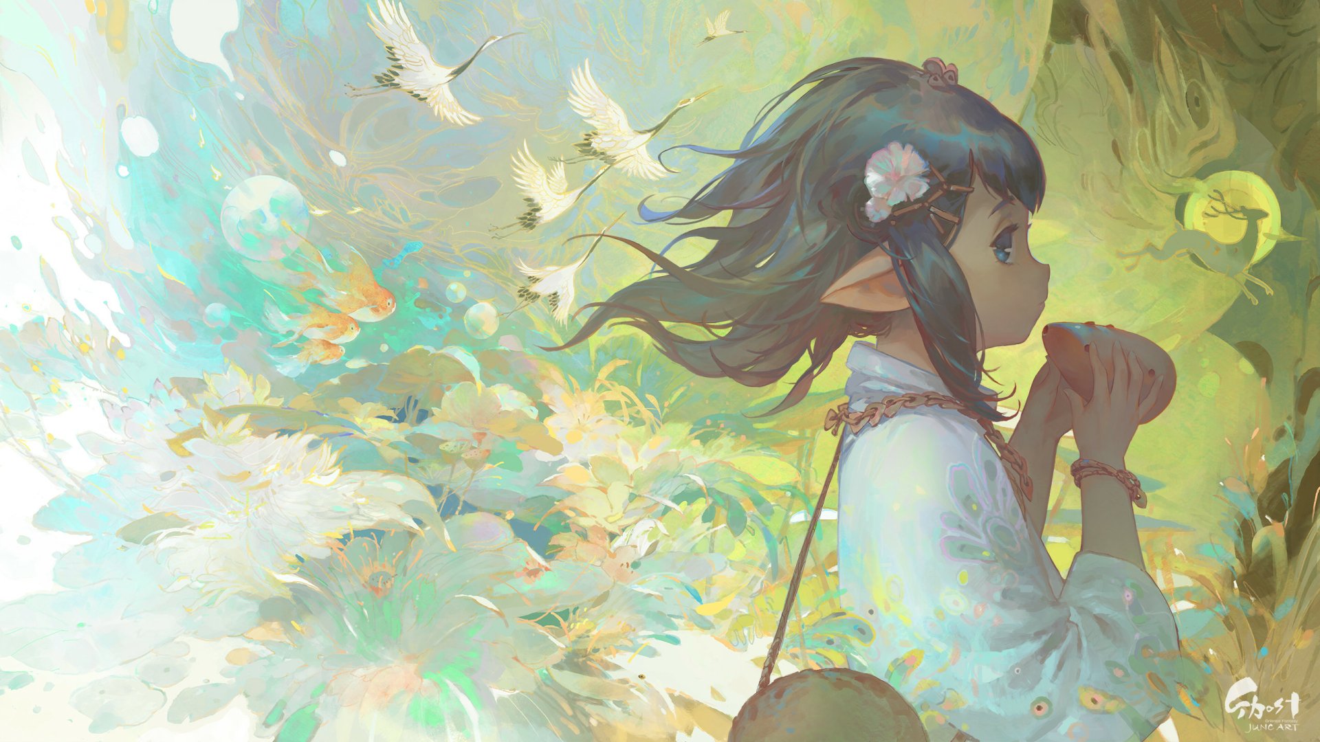 Anime-style illustration of an elf girl with dark hair and flower accessory, surrounded by glowing birds and soft light, designed as an HD PC desktop wallpaper background.