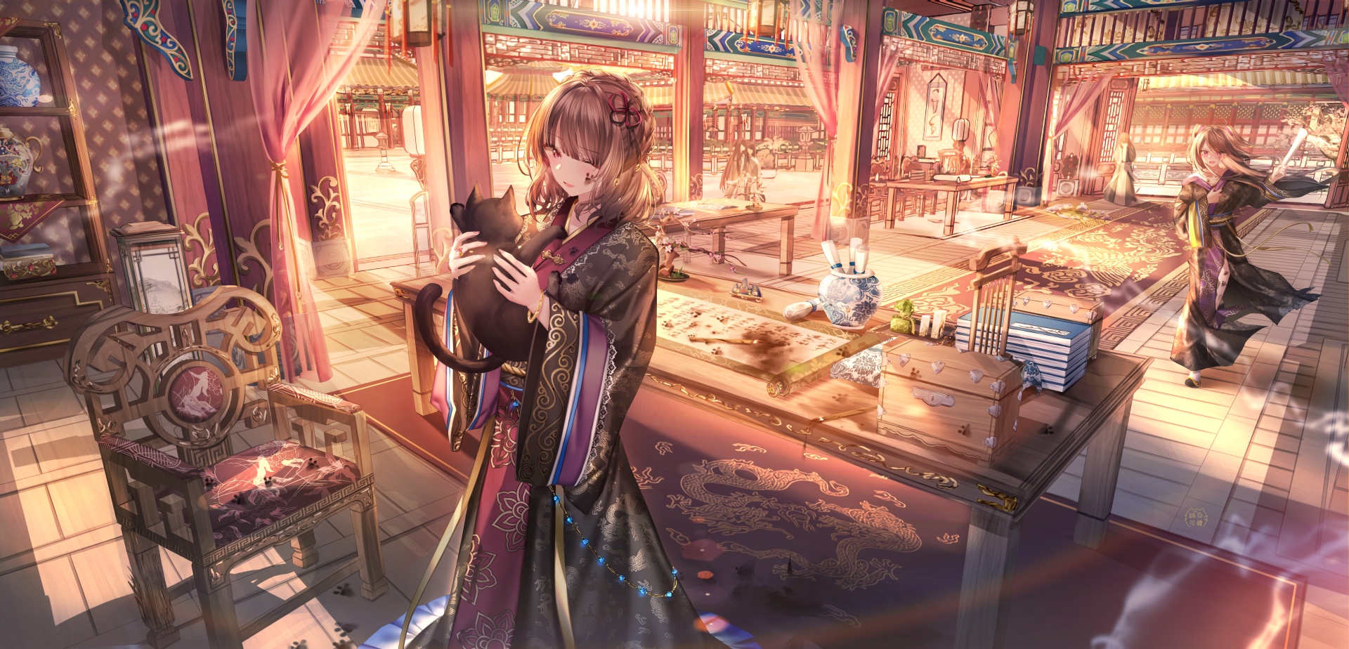 HD desktop wallpaper featuring an anime girl in traditional attire, holding a black cat in a richly decorated room with warm lighting and intricate details.