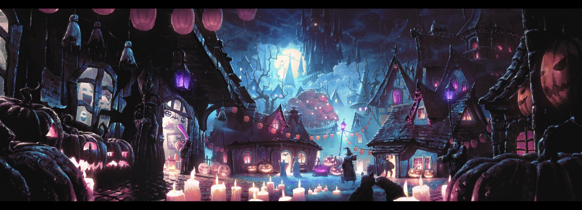 A Halloween night scene with glowing jack-o'-lanterns, candles, and festive decorations illuminating a spooky village in 4K Ultra HD.