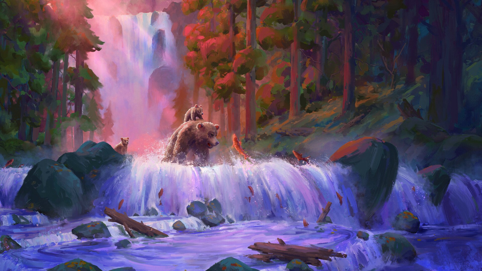 Artistic HD wallpaper featuring a grizzly bear at a vibrant waterfall in a colorful forest setting.