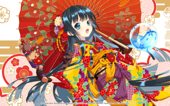 Beautiful geisha, golden, green eyes, manga, yellow, bow, geisha, water,  girl, HD wallpaper