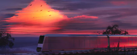 Artistic 4K Ultra HD PC desktop wallpaper: a sleek train racing along coastal tracks at a vivid sunset, birds silhouetted against a dramatic pink-orange sky.