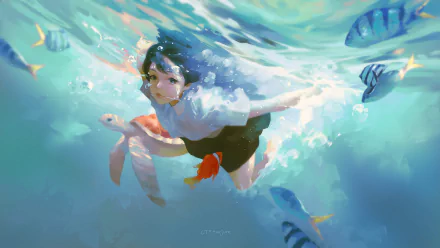 Original anime underwater HD PC desktop wallpaper/background: a schoolgirl in a sailor uniform glides through luminous blue water among colorful fish, light and bubbles swirling around her.