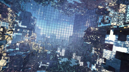 Anime original HD PC desktop wallpaper background showing a sprawling crystalline cyber-city of floating geometric blocks and mirrored glass in blue-teal light.