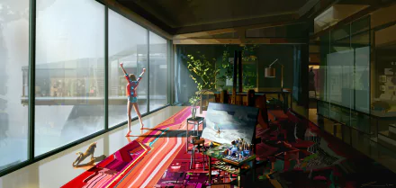 A bright, modern room flooded with sunlight, featuring artistic clutter on a vibrant rug and a figure stretching by large windows, captured in high-definition anime style.