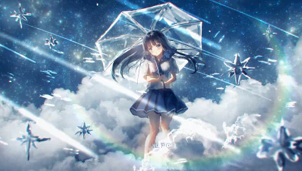 4K Ultra HD anime girl holding a transparent umbrella, floating among clouds and stars in a luminous sky — dreamy Sky Anime PC desktop wallpaper and background.