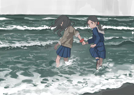 Anime original HD PC desktop wallpaper/background: two girls in school uniforms holding hands as they wade through the sea, waves breaking around their legs.