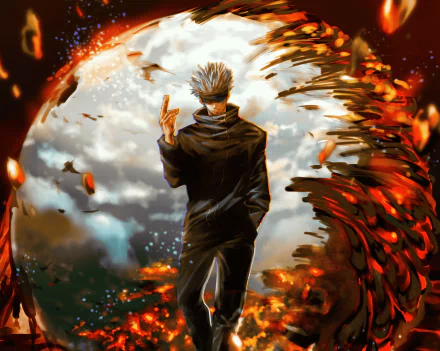 HD desktop wallpaper featuring Satoru Gojo from Jujutsu Kaisen, depicted with a dramatic fiery explosion in the background.