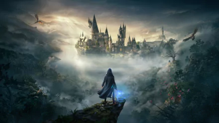 4K Ultra HD PC wallpaper featuring a cloaked figure overlooking the foggy Hogwarts castle from the video game Hogwarts Legacy.